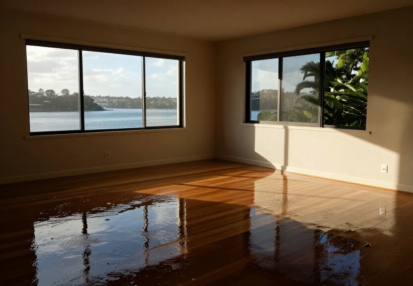 Flooded living room in Newport Beach before restoration