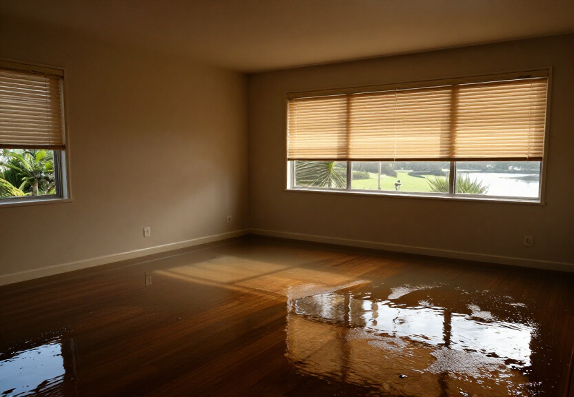 Water-damaged kitchen in Newport Beach before cleanup